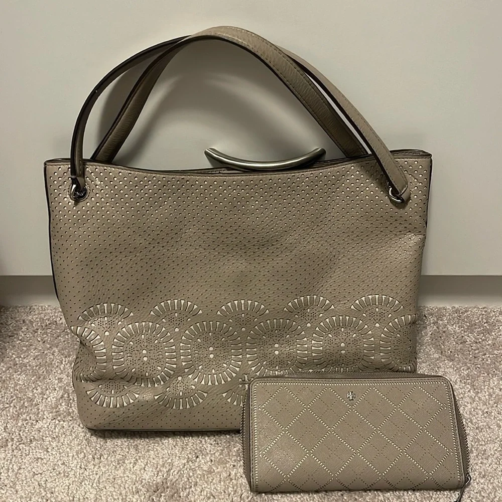 Tory Burch Taupe Perforated Tote and Wallet Set